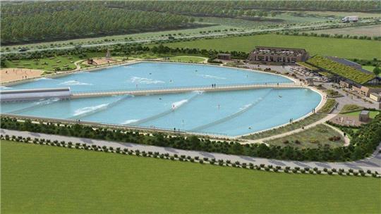 So soll es nach Wünschen der Investoren einmal aussehen: Der Surfpark im Süden Stades hat eine Größenordnung von 60 Hektar.