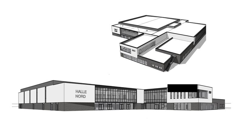 So sollen die Halle Nord und das angeschlossene BSV-Vereinssportzentrum aussehen, wenn beide Gebäude fertig sind.