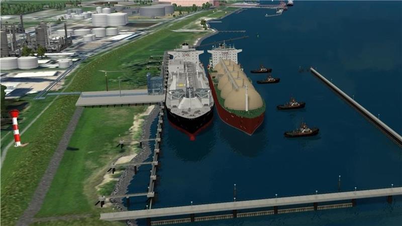 Kein LNG in Stade: Heftiger Streit hinter den Kulissen So sollte Stades neuer Energiehafen mit FSRU (links) und Gastanker eigentlich schon im letzten Winter aussehen.