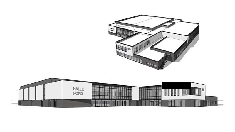So sollte das neue Zuhause des Sports in Buxtehude aussehen. Die geplante Schul- und Sporthalle und das Vereinssportzentrum (rechts) sollten im Zentrum der Stadt viele Möglichkeiten für den Schulsport, den Breitensport und die Handball-Bund