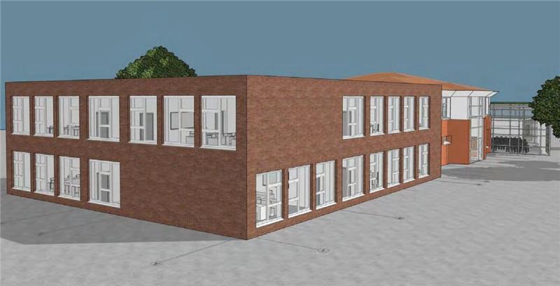 Altländer ziehen Notbremse: Um- und Neubau der Schule in Hollern gestoppt So sollte die neue Grundschule in Hollern Ende 2026 aussehen. Die Visualisierung stammt vom Architektencontor Agather Bielenberg Oschkinat aus Hamburg. Vorne ist der Erweiterungsbau zu sehen, rechts die Mensa/Aula.