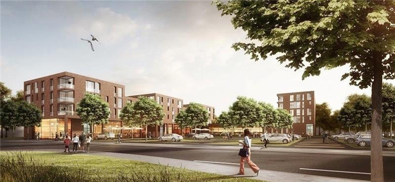 So wird das Nahversorgungszentrum mit den aufgesetzten Wohnblöcken von der B 73 her aussehen. Es bildet den westlichen Eingang zum neuen Wohnquartier. Visualisierung IBA