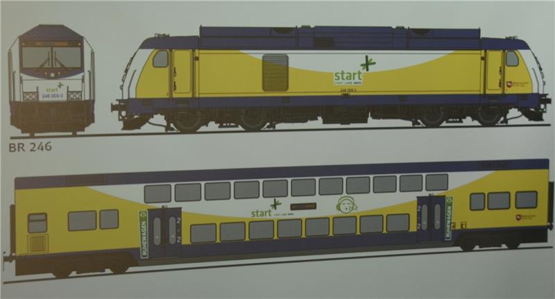 So wird das ab dem 9. Dezember aussehen: Die blau-gelb-weißen Wagen des Metronoms werden nur mit einem neuen Logo des künftigen Betreibers „Start“ bedruckt – alles andere bleibt.