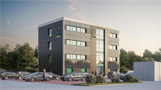 So wird der Neubau auf dem Gelände des Medizintechnik-Unternehmens Implantcast in Buxtehude aussehen. Besonders sind die mit 213 Photovoltaikmodulen verkleideten Fassaden.