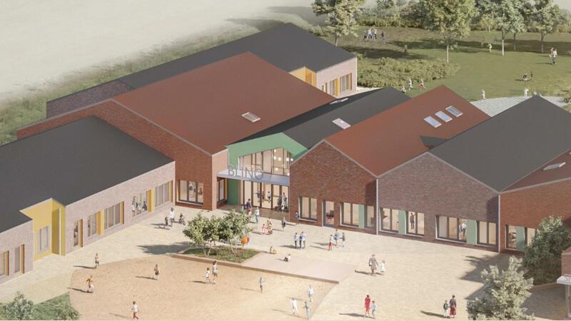 So wird die neue Dorfschule im August 2025 aussehen: Blick auf den Haupteingang der Grundschule Bliedersdorf-Nottensdorf (Blino).
