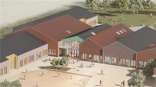 So wird die neue Dorfschule im August 2025 aussehen: Blick auf den Haupteingang der Grundschule Bliedersdorf-Nottensdorf (Blino).