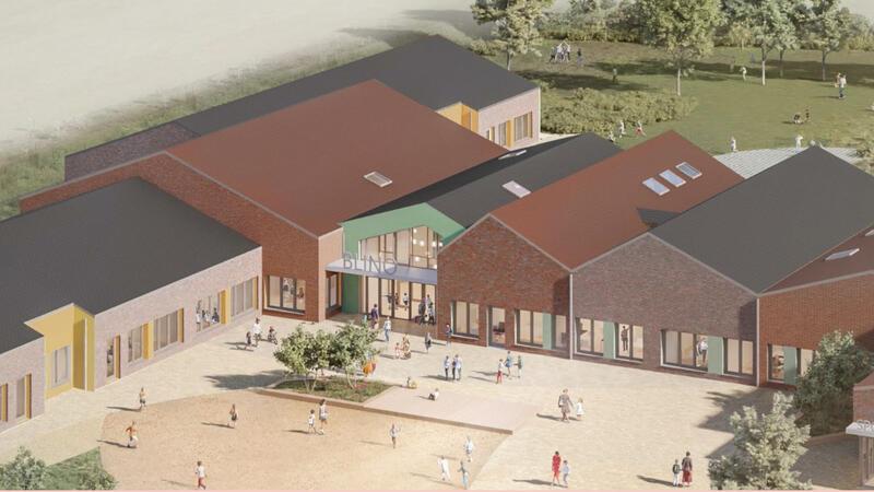So wird die neue Dorfschule im August 2025 aussehen: Blick auf den Haupteingang der Grundschule Bliedersdorf-Nottensdorf (Blino).