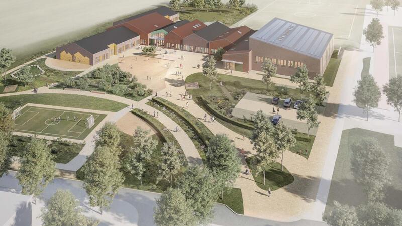 Sommer 2025: Die Visualisierung zeigt die Grundschule Bliedersdorf-Nottensdorf an der Nottensdorfer Straße, rechts ist der heutige Sportplatz zu sehen. Foto: Raphael Gerland/Aug.Prien
