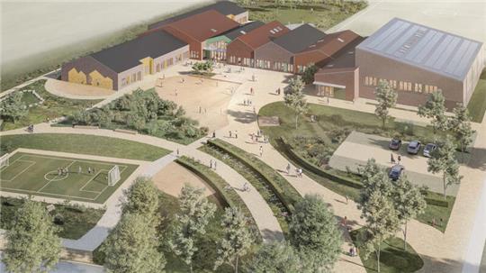 Sommer 2025: Die Visualisierung zeigt die Grundschule Bliedersdorf-Nottensdorf an der Nottensdorfer Straße, links ist der heutige Sportplatz zu sehen.