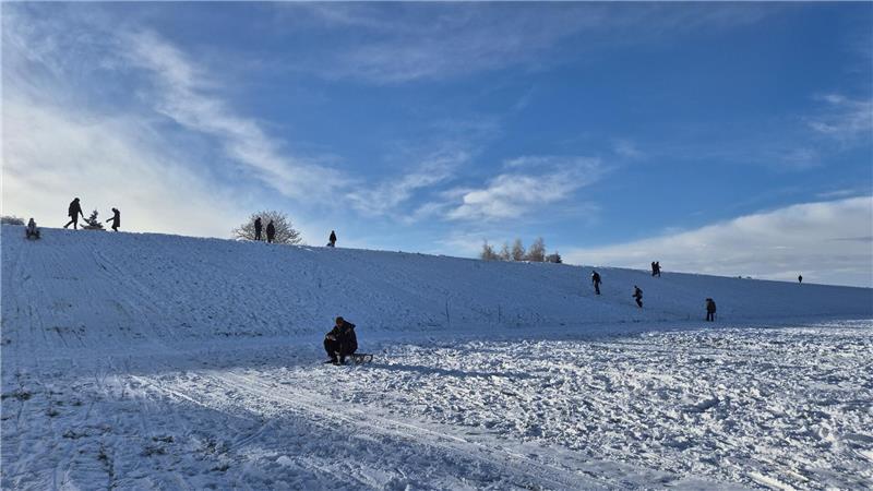 Jede Menge Spaß im Schnee: Mit Schlitten und Bob den Deich hinunter Sonnabendmittag am Lühedeich.