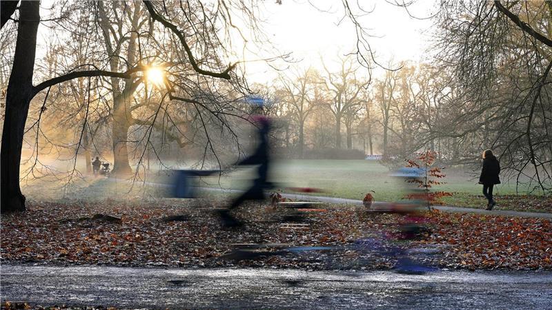 Sonniger Morgen in Leipzig: Radfahrer und Fußgänger sind am Morgen im Clara-Zetkin-Park unterwegs