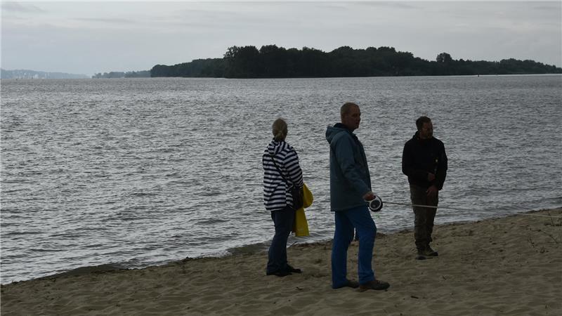 Spaziergänger am Elbstrand. Auch für Hunde ist das Baden in der Elbe nicht ungefährlich.