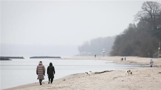 Spaziergänger mit Hunden sind bei leichtem Nieselregen am Strand von Schilksee bei Kiel.