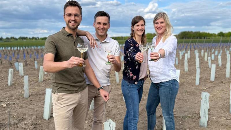 2400 Reben: Wie Freunde den Weinbau auf die Geest holen Starteten 2024 das Projekt „Traube und Biene“ (von links): Alexander Ernst, Florian und Maren Schubert sowie Jana Heins.
