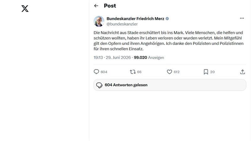 Pressekonferenz mit Innenministerin: Hintergründe zur Bluttat in Stade Statement von Bundeskanzler Friedrich Merz bei X.