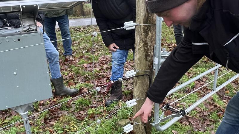 Stefan Jablinski aus Brest zeigt den untersten Draht als Untergrabeschutz, der im Sommer wöchentlich freigemäht werden muss.