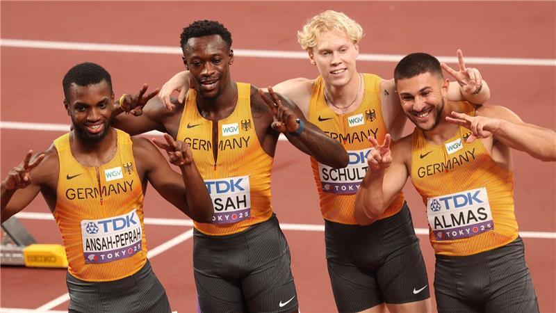 Olympiasiegerin Ogunleye ohne Medaille - „Krasser Zehnkampf“ Steht im Finale: die deutsche 4x-100-Meter-Staffel mit Deniz Almas, Marvin Schulte, Owen Ansah und Lucas Ansah-Peprah (v. r.).
