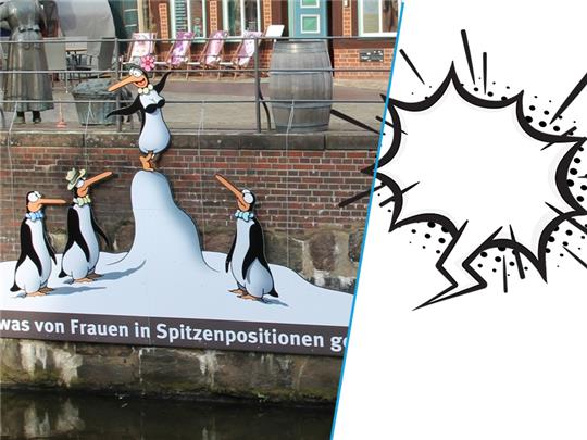 Stein des Anstoßes: Tetsches Pinguin-Cartoon am Stader Fischmarkt.