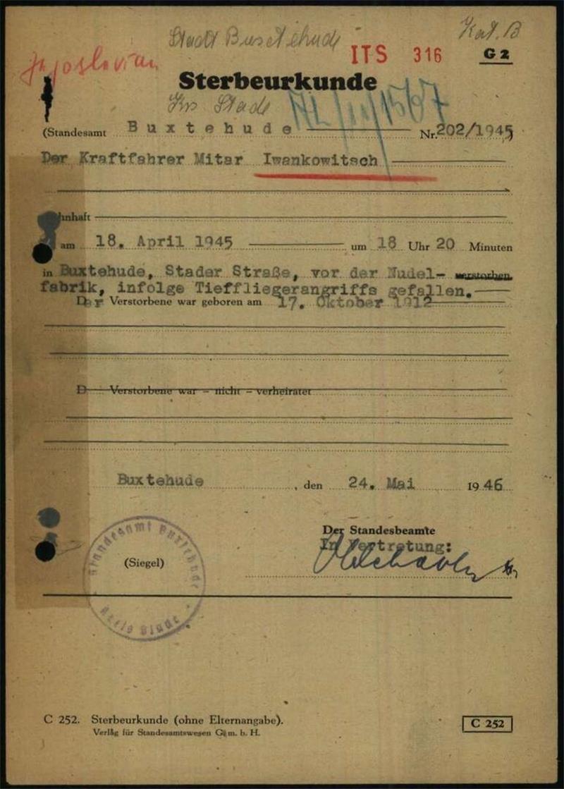 Sterbeurkunde von Mitar Iwankowic.