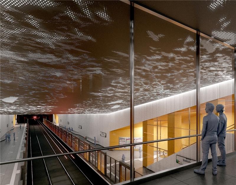 Stilisierte Vögel an der Decke, an den Seiten ein leuchtendes Kanariengelb: Mit diesem Entwurf hat das Hamburger Büro Trapez Architektur den Gestaltungswettbewerb für die U-Bahnstation Steilshoop gewonnen.