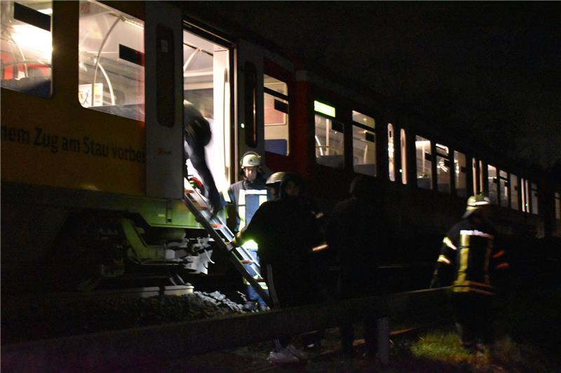 Stockdunkel: Der Zug wird evakuiert, Feuerwehrleute aus Dollern helfen Fahrgästen beim Aussteigen. Foto Vasel