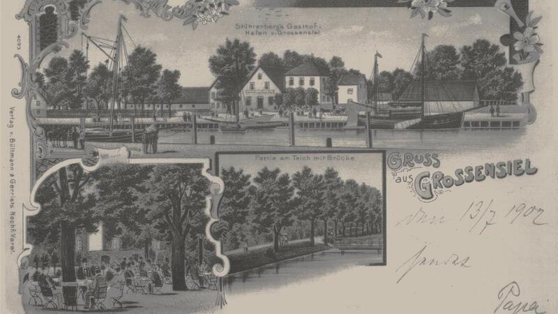 Stührenbergs Gasthof war um die Wende vom 19. auf der 20. Jahrhundert das gesellschaftliche Epizentrum des Hafens. Dort fanden rauschende Feste statt, und ein üppig angelegter Garten lud zum Lustwandeln ein, wie diese Postkarte aus dem Jahr 1902 zeigt. 