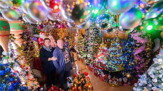 Susanne und Thomas Jeromin stehen inmitten von Weihnachtsbäumen im Wohnzimmer ihres Hauses.