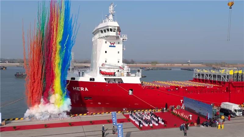 Taufe der MS Hera der Reederei H.-P. Wegener aus Groß Hove auf der Jiangsu Dajin Heavy Industry in der Volksrepublik China. Heimathafen wird Hamburg sein.