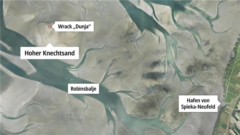 Teile des großen Knechtsands, auf dessen Höhe die Wasserleiche gefunden wurde, wird auch bei Hochwasser nicht überspült. Hier ist die Ansicht bei Niedrigwasser zu sehen.Foto: NLWKN,NLPV &amp; WSV: Luftbildbefliegung 2022, Befliegung durch Hansa Luftbild, Bildflug 23.04.2022 - 04.09.2022 und NZ-Grafik