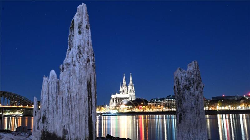 Trockenperiode in Deutschland - was sind die Folgen? Teile einer Holzkonstruktion, die normalerweise unter Wasser liegen, sind am Rhein gegenüber vom Kölner Dom zu sehen.
