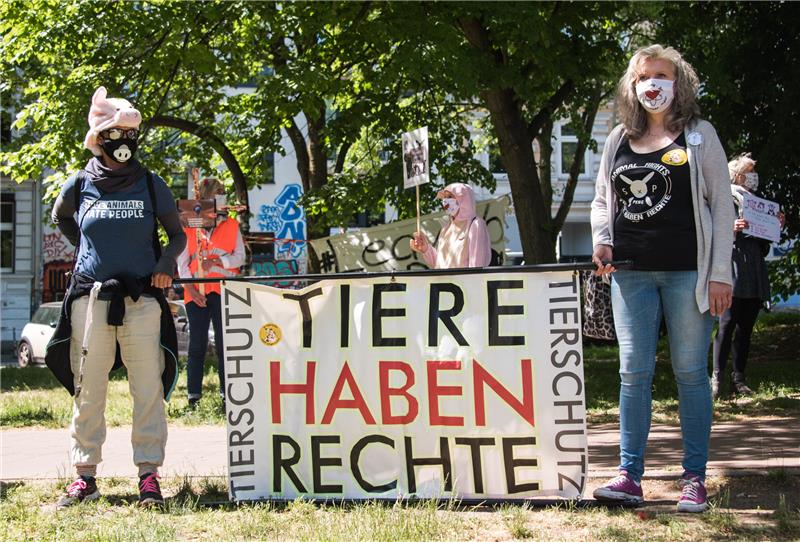 Teilnehmer einer Kundgebung des Bündnisses „Gemeinsam gegen die Tierindustrie" stehen zusammen und halten ein Banner mit der Aufschrift "Tiere haben Rechte". Foto: Daniel Bockwoldt/dpa