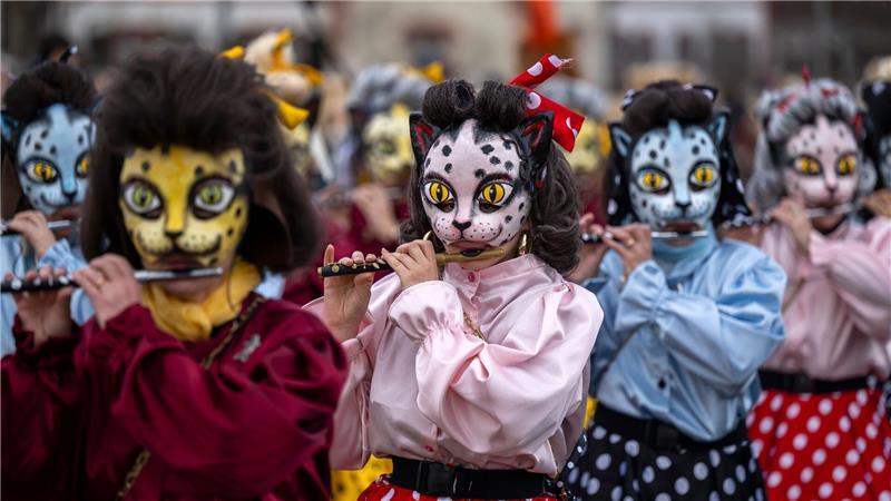 Teilnehmer mit Katzenmasken ziehen beim Fasnachts-Umzug in Basel durch die Straßen.