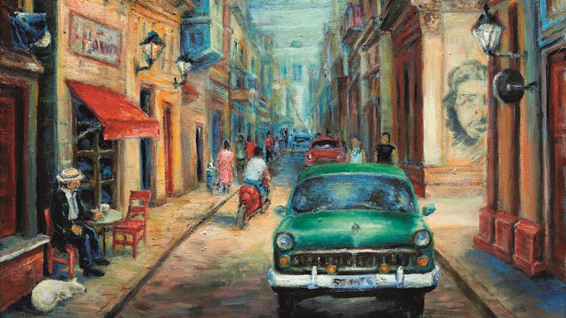 Mund- und Fußmalende präsentieren ihre Bilder im Modehaus Stackmann Thomas Kahlau hat das Gemälde „Erinnerung an Cuba“ gemalt.