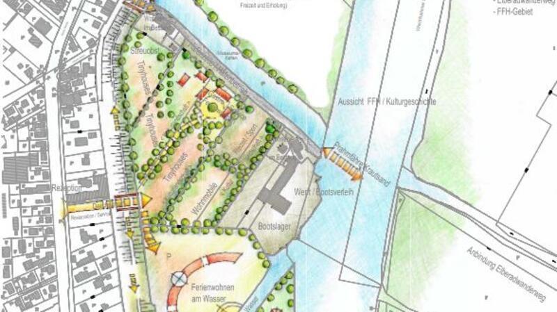 Wischhafen will verwilderten Hafen zum Touristenmagneten umbauen Tiny Houses direkt am Hafen und Ferienwohnungen am Neulander Fleth (unten) sieht das Konzept „Freizeit und Wohnen am Wasser“ vor. Plan: Guleke + Partner