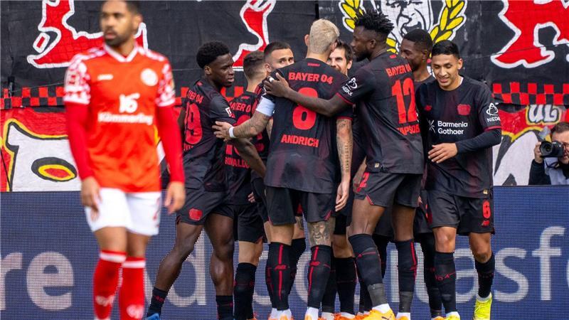 Leverkusen und Hjulmand feiern 4:3 in Mainz Torjubel für Leverkusen beim FSV Mainz 05.