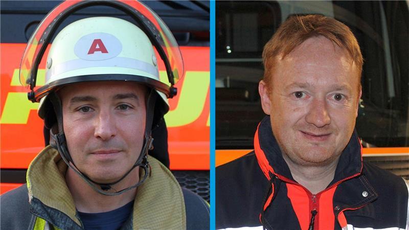 Trotz der Gefahr durch das Gasleck blieben Ricard Globuschütz von der Stader Feuerwehr (links) und Stephan Reitz vom DRK-Rettungsdienst bei dem Verunglückten.
