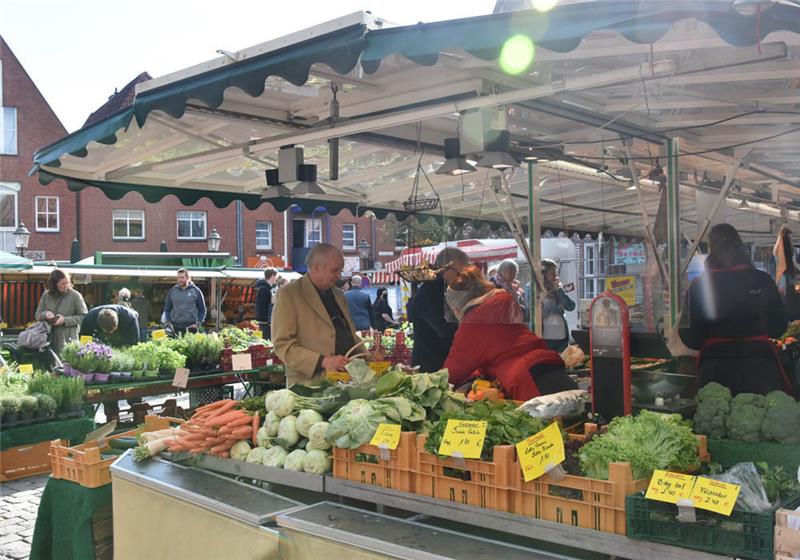 Trotz schönem Wetter war der Wochenmarkt in Buxtehude am Sonnabend nicht überlaufen. Fotos: Felsch
