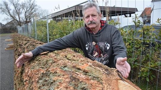 Udo Venemas Kumpel Bert Seemüller (Foto) wollte den Schwarzwald-Import eigentlich in den kommenden Tagen schälen. Doch die Rinde bleibt jetzt erst einmal am Stamm - bis alles geklärt ist. Foto: Kühnemuth