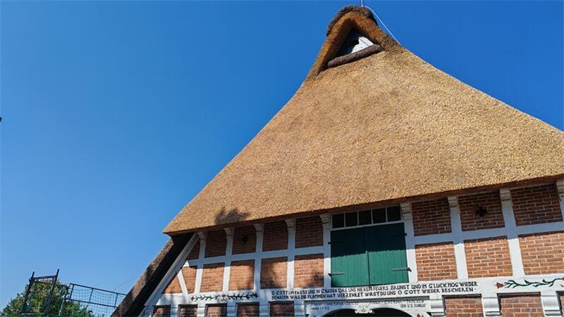 Historisches Reetdachhaus in Dollern gerettet Über dem Haupteingang erstrahlt der 32,5 qm große Giebel im frischem Reetgewand.