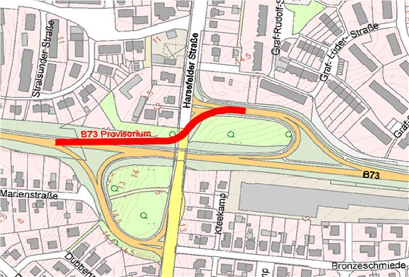 Über einen Bypass, der über die Harsefelder Straße führt, soll der Verkehr während des Abrisses und des Neubaus der B73-Brücke geführt werden.