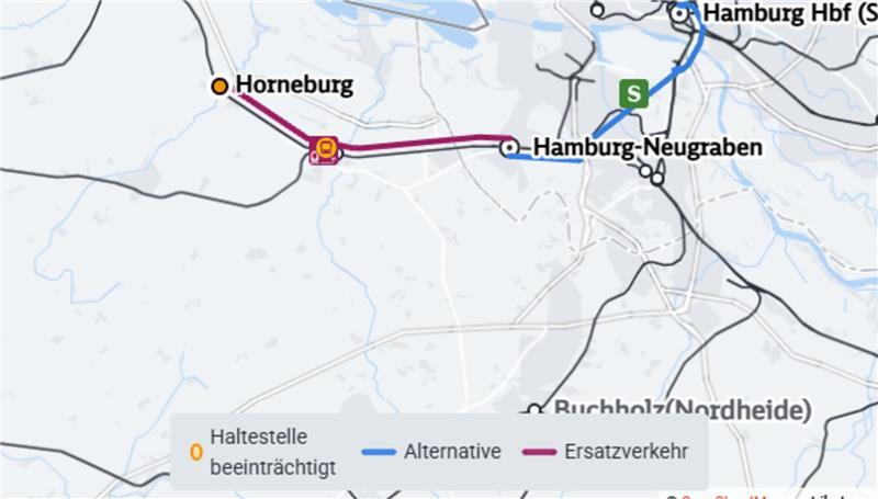 Übersicht Ersatzverkehr S-Bahn zwischen Horneburg und Hamburg-Neugraben.