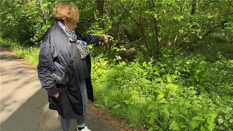 „Ich habe laut geschrien“: Staderin berichtet von brutalem Überfall Ulrike von Salzen-Waller zeigt auf die Stelle, an der sie nach dem brutalen Überfall kopfüber lag und um Hilfe rief.