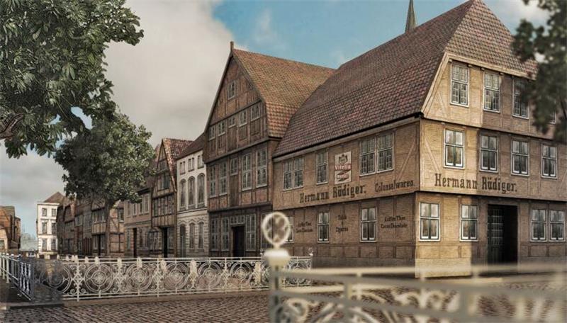 Zurück in die Vergangenheit: 6 virtuelle Zeitreisen durch Buxtehude Auf der Ansicht ist zu sehen, dass die Bebauung am Ostfleth um 1900 noch von Fachwerkhäusern geprägt war.