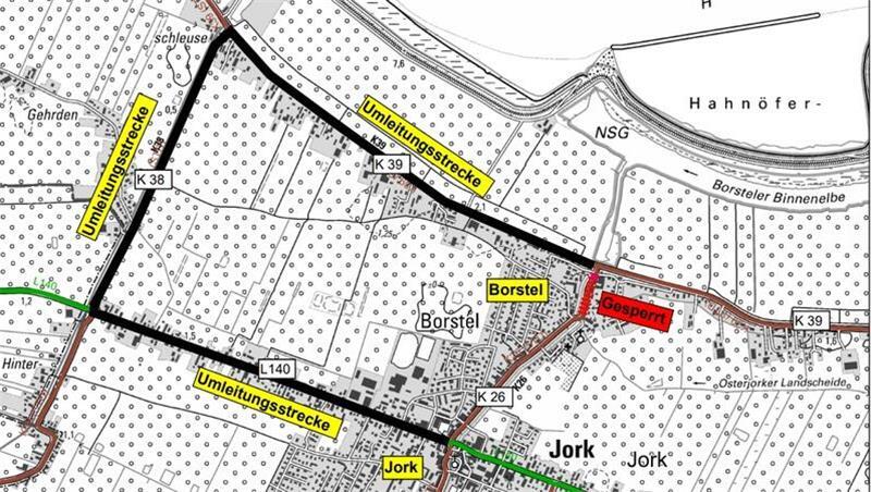 Umleitungsstrecke für die Vollsperrung der K26 (Große Seite) in Jork-Borstel.