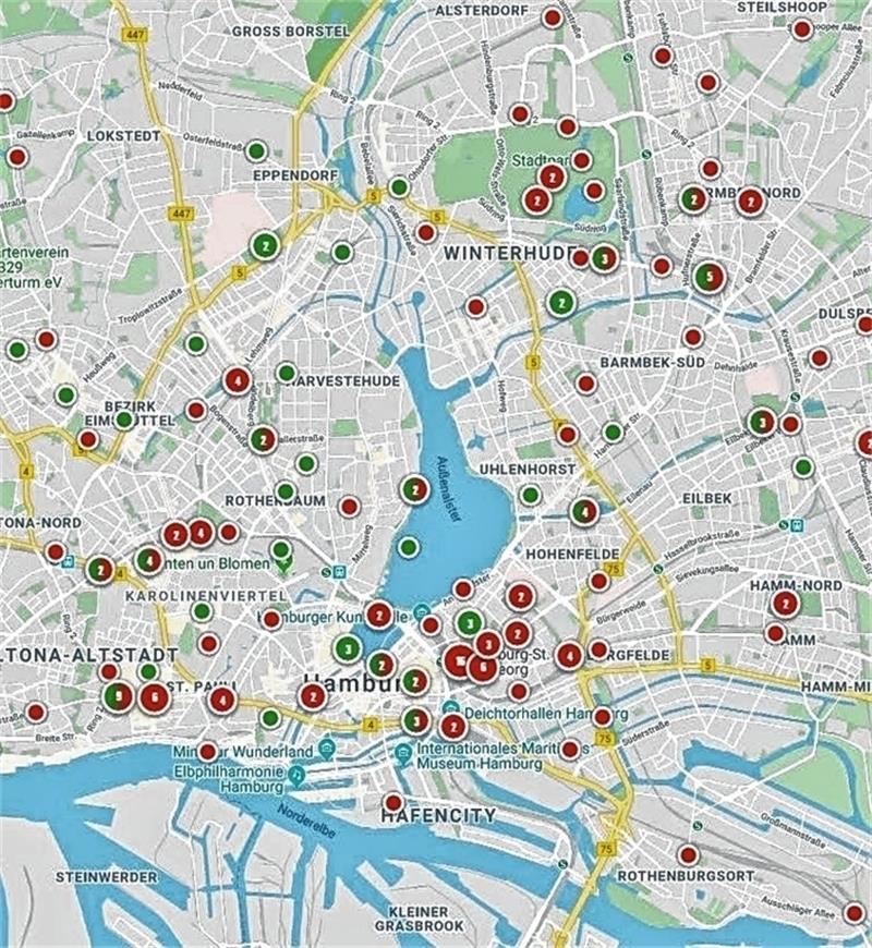 Unangenehme Erfahrungen werden rot auf der Karte markiert, sichere und gut ausgeleuchtete Bereiche grün. Foto: Screenshot