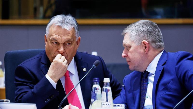 Ungarns Ministerpräsident Viktor Orban (l) und der slowakische Ministerpräsident Robert Fico blockierten gemeinsam die neuen EU-Sanktionen gegen Russland. (Archivbild)