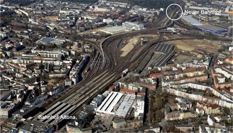 Unten links befindet sich aktuell der Bahnhof Altona . Geplant ist, ihn nach Diebsteich zu verlegen (oben rechts). Die Inbetriebnahme ist für 2023 vorgesehen. Foto FHH