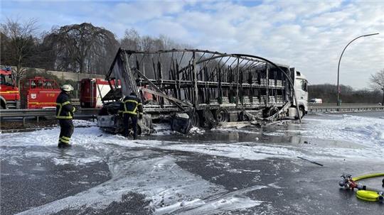 Unter dem Sattelzug eingeklemmt, geriet das Auto in Brand. Das Feuer griff anschließend auf den Lastkraftwagen über.
