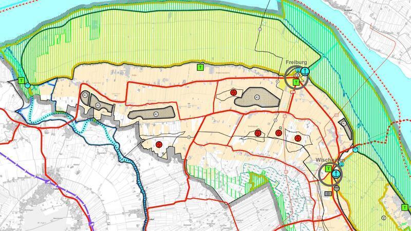Wenn Acker nicht nur Acker ist: Sorge bei Kehdinger Landwirten Unter dem grünen Streifen am Elbdeich, der als Vorranggebiet Natur- und Landschaft gekennzeichnet ist, sind ockerfarben die landwirtschaftlichen Flächen markiert. Mittendrin, dunkel schraffiert, die möglichen Abbauflächen für Klei.