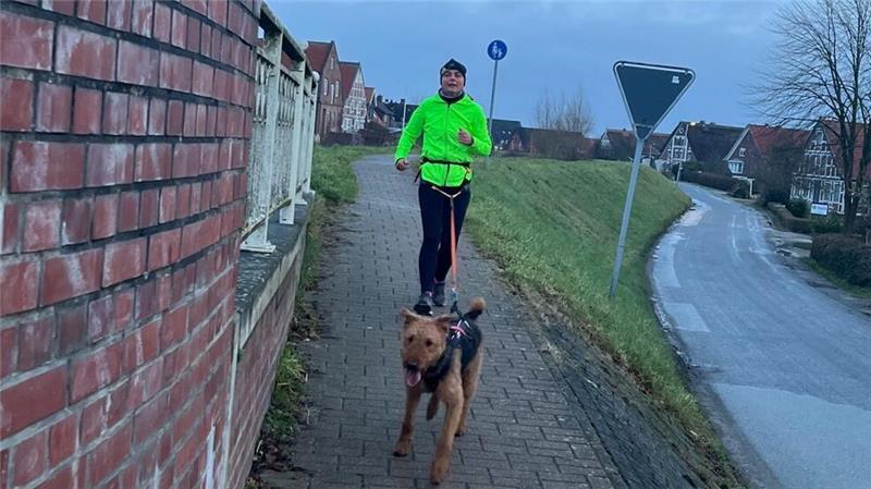 Uta von Kroge läuft gern auf dem Lühe-Deich - mit dabei ist immer der Airedale-Terrier.